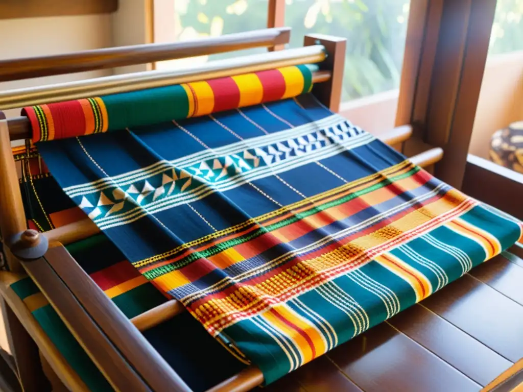 Un telar de madera sostiene un elaborado tejido Kente con colores vibrantes y patrones geométricos