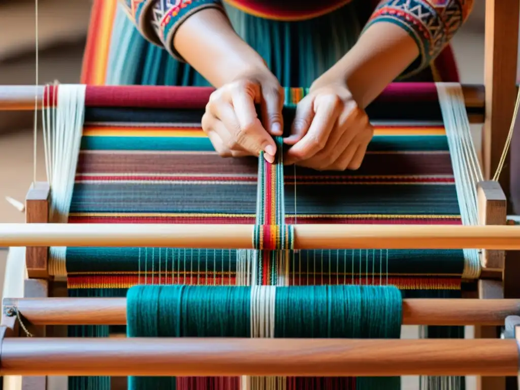 Un telar de madera rústico en el que se teje un patrón textil andino colorido y detallado, mostrando la influencia de patrones textiles en exportación