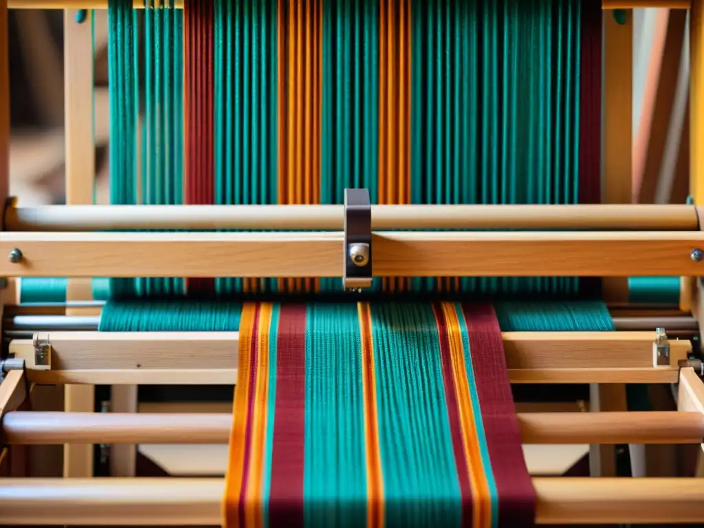 Un telar de madera vintage tejiendo patrones tradicionales en arte textil, evocando artesanía y tradición