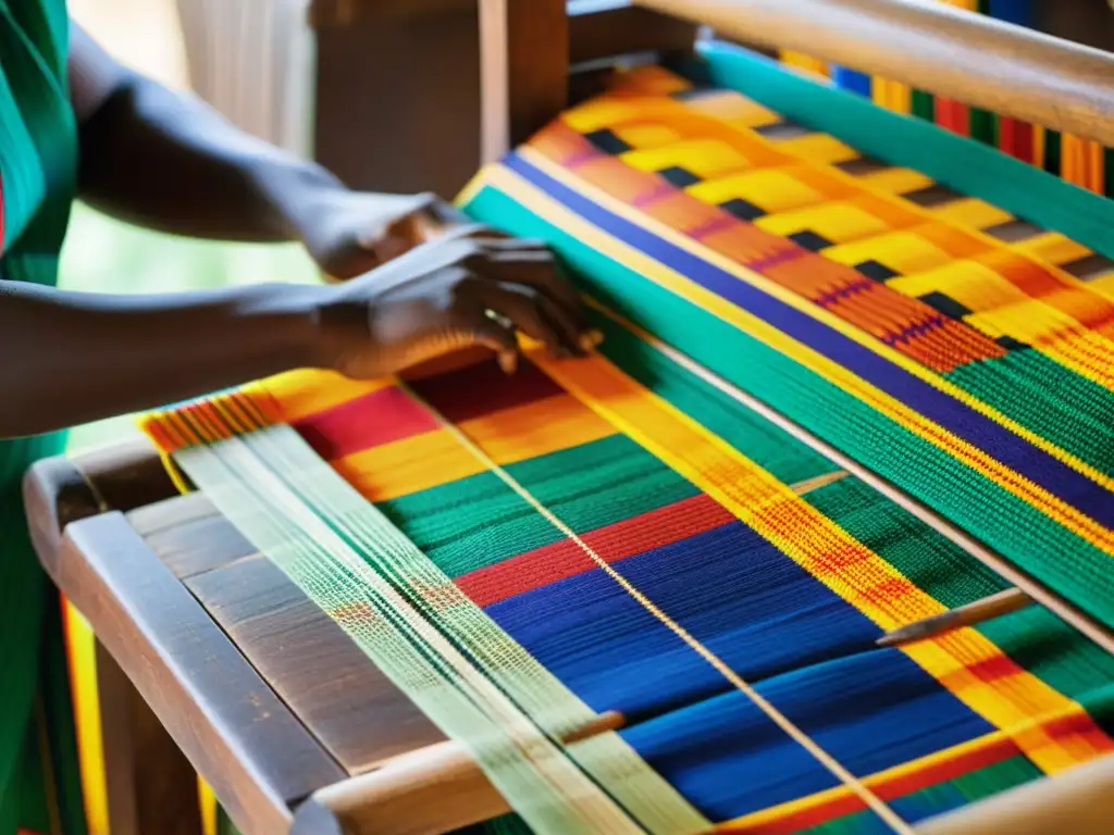 Un telar de madera vintage en Ghana teje un vibrante paño Kente, mostrando el arte ancestral y la cultura de Ghana