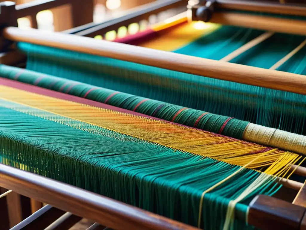 Un telar tradicional indio con hilos coloridos entrelazados por manos expertas, resaltando la artesanía de los Patrones textiles indios tradicionales