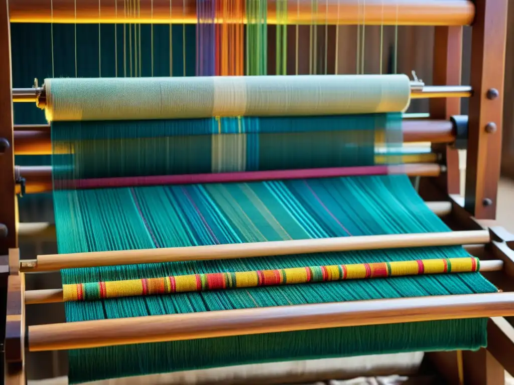 Un telar tradicional muestra la intrincada elaboración de patrones textiles indígenas en moda, con hilos vibrantes y texturas detalladas