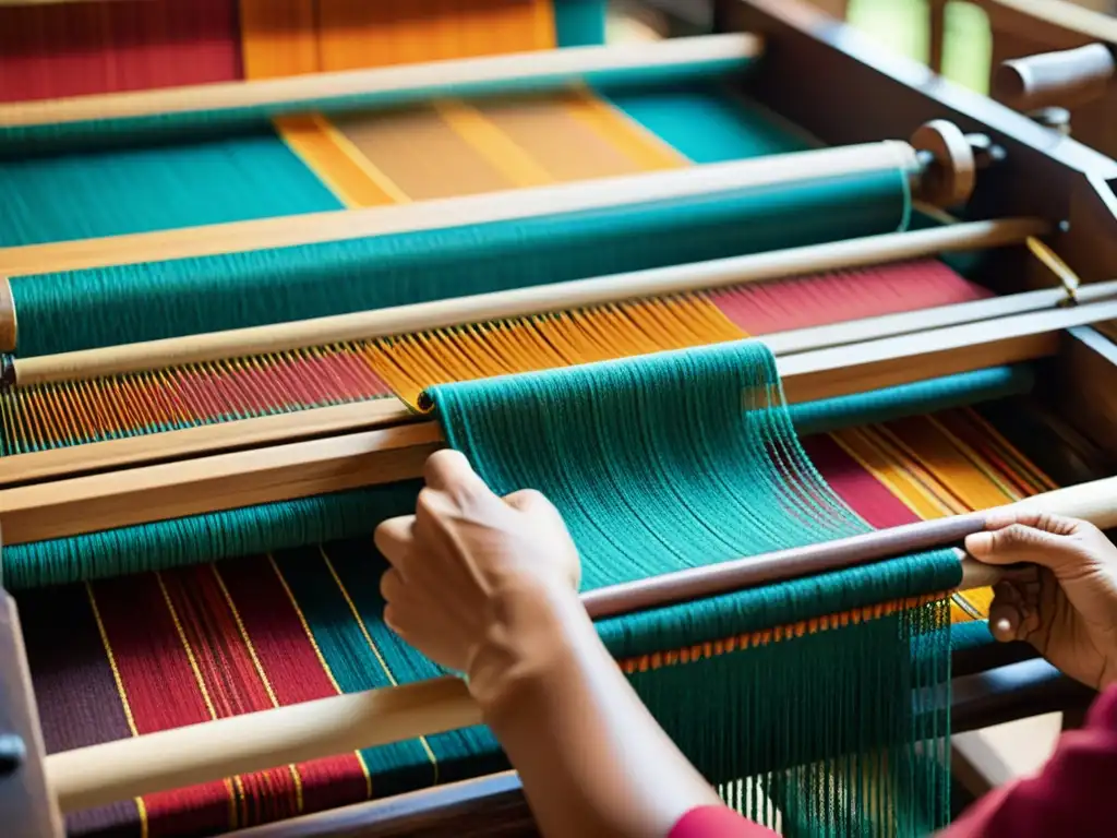 Un telar tradicional operado por manos hábiles teje un patrón vibrante y complejo, combinando técnicas modernas y tradicionales