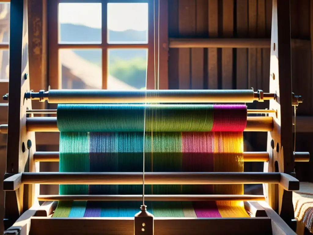 Un telar tradicional con patrones étnicos contemporáneos en proceso, iluminado por la cálida luz del sol en un taller rústico