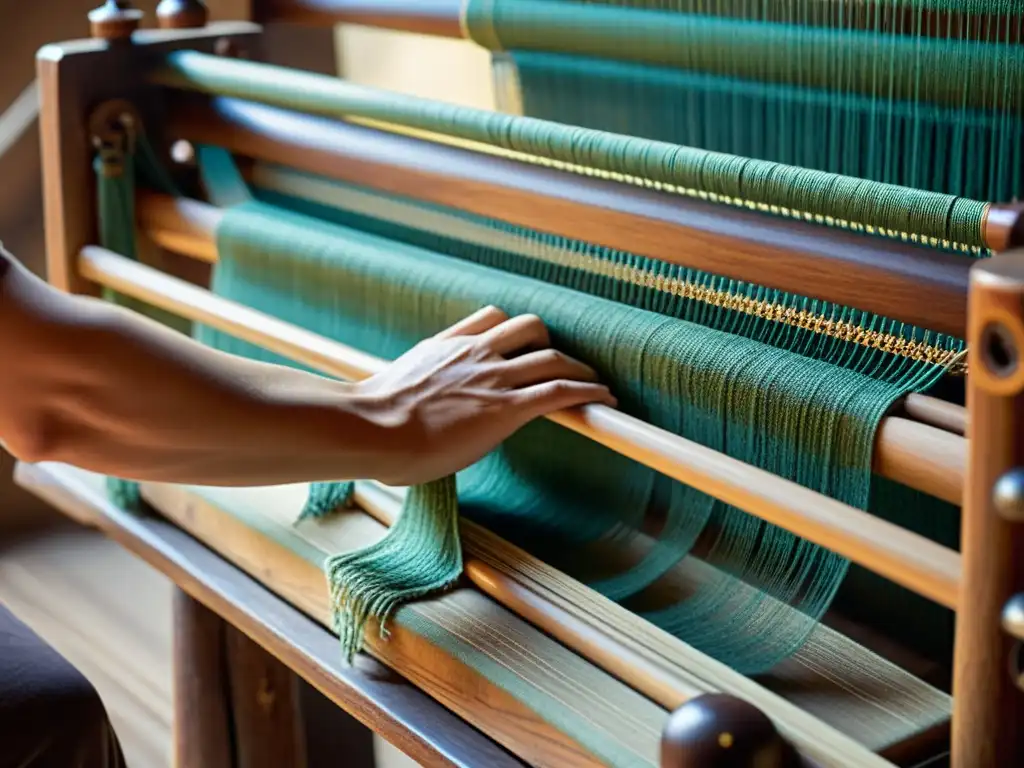 Un telar vintage con diseño de patrones contemporáneos étnicos, tejido a mano en tonos cálidos y textura visual cautivadora