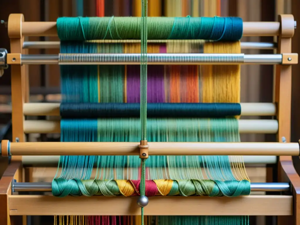 Un telar vintage en acción, entrelazando hilos coloridos para crear un patrón complejo