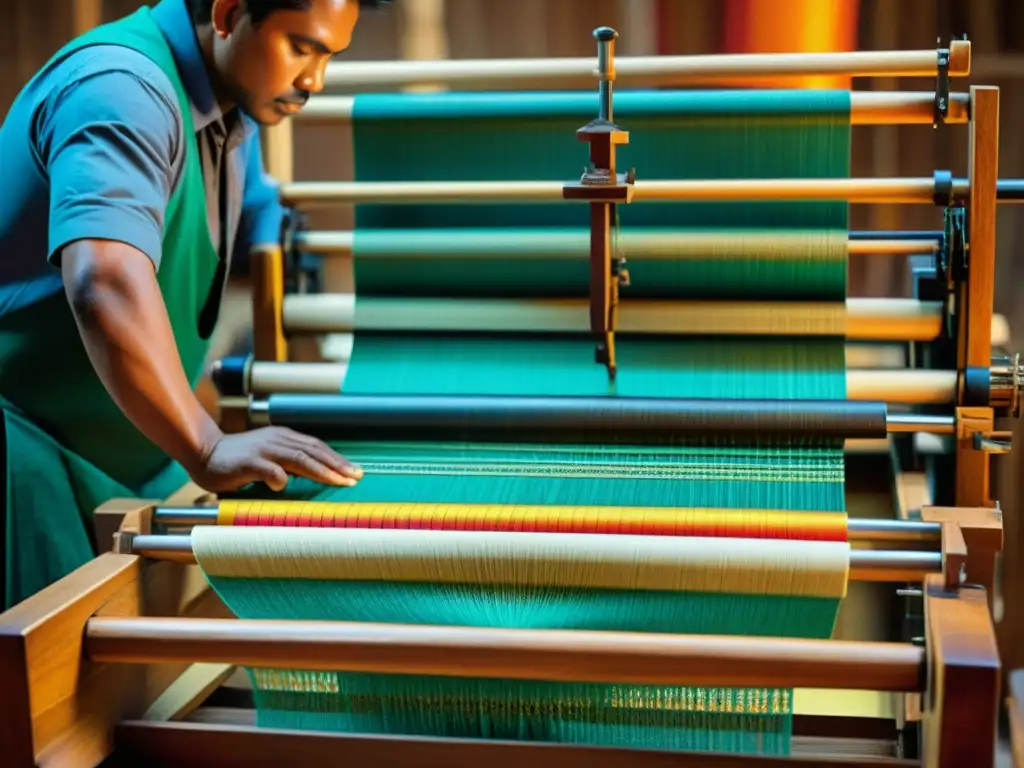 Un telar vintage teje patrones ancestrales con realidad aumentada, fusionando tradición con innovación tecnológica