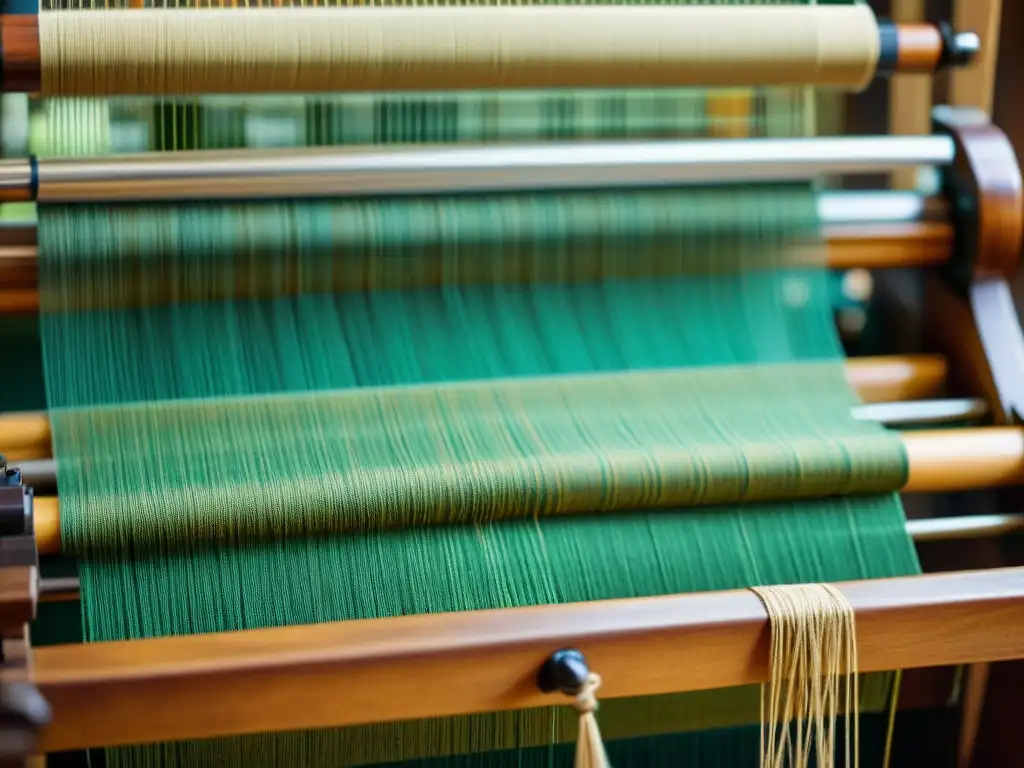 Un telar vintage teje patrones culturales en tonos vibrantes y tierra, capturando la artesanía y tradición