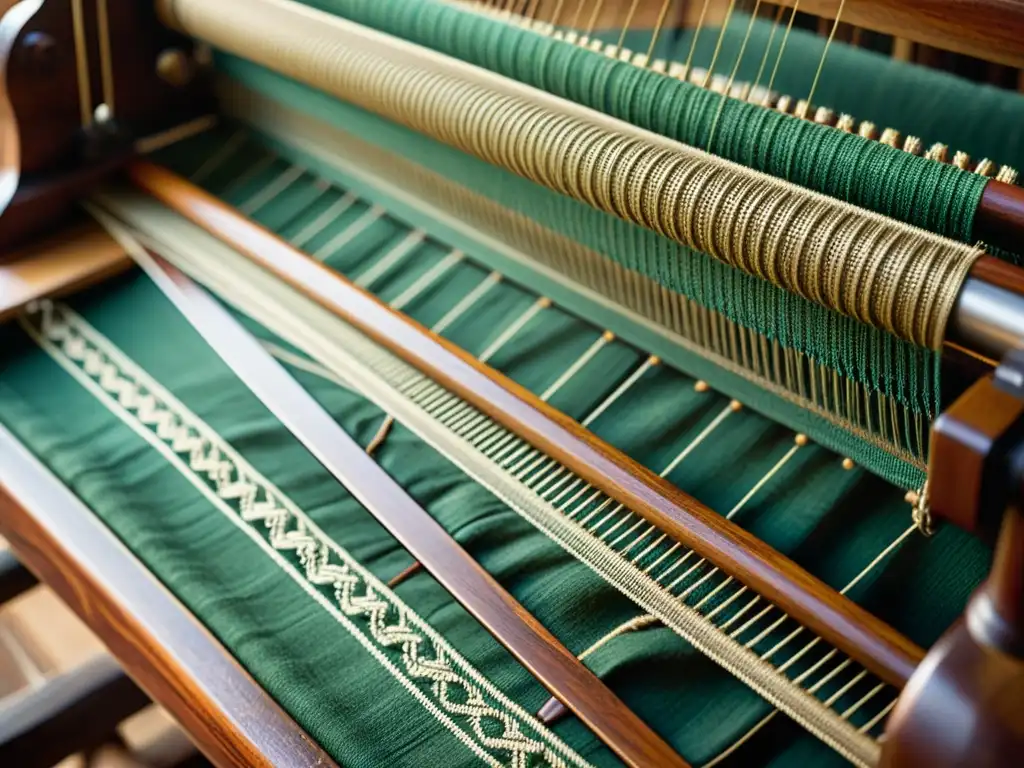 Detalles intrincados de un telar vintage: tradición y artesanía Un telar vintage con patrones intrincados tejidos en tela, en tonos terrosos