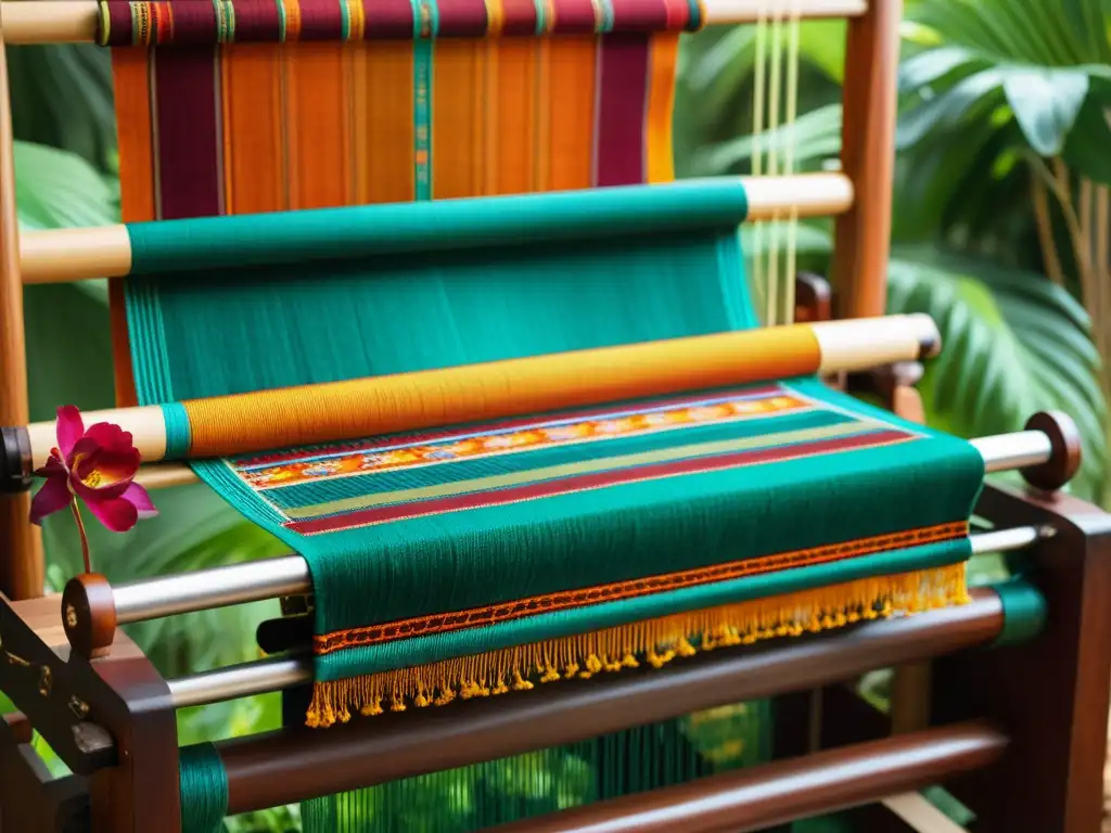 Un telar vintage con patrones mayas en la industria textil, tejido por hábiles artesanos entre flores y naturaleza