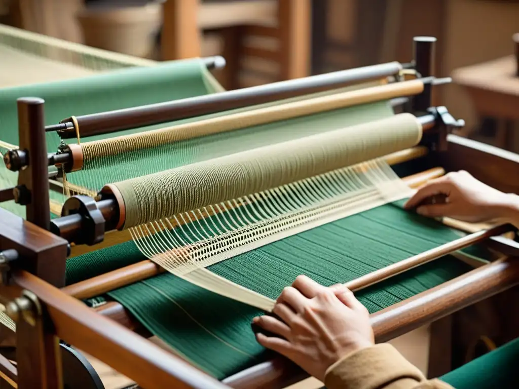 Un telar vintage con patrones textiles intrincados tejidos a mano en un taller tradicional