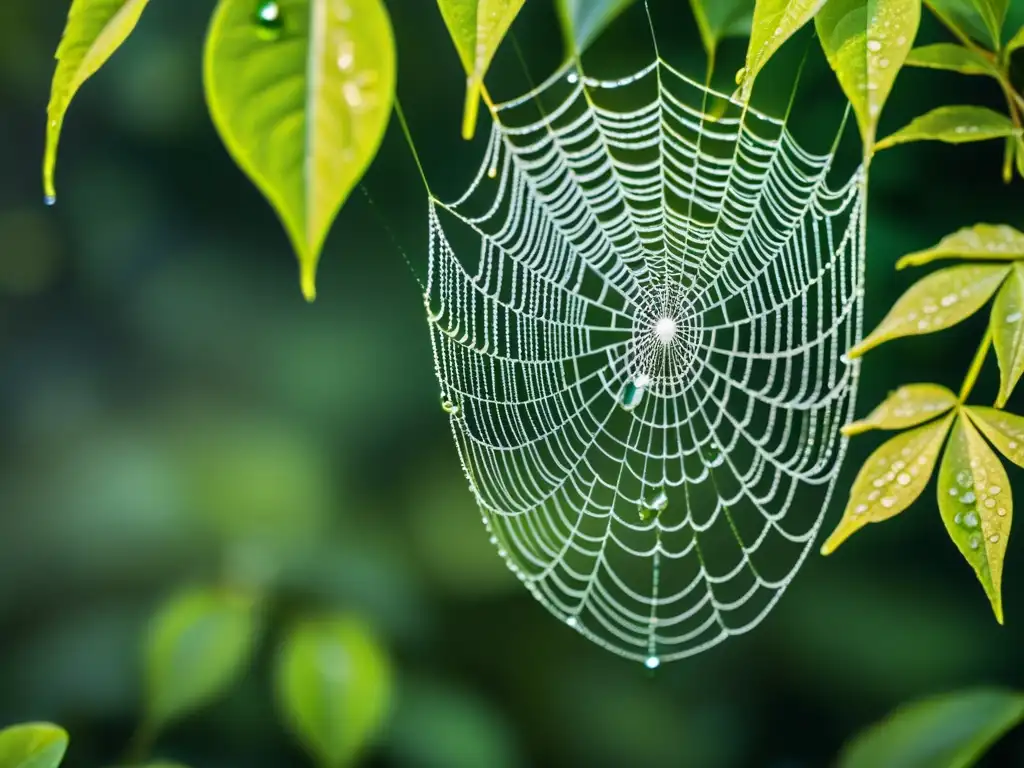 Red de araña entre hojas verdes: detalle fascinante Una telaraña delicada entre hojas verdes, con gotas de rocío brillando al sol de la mañana