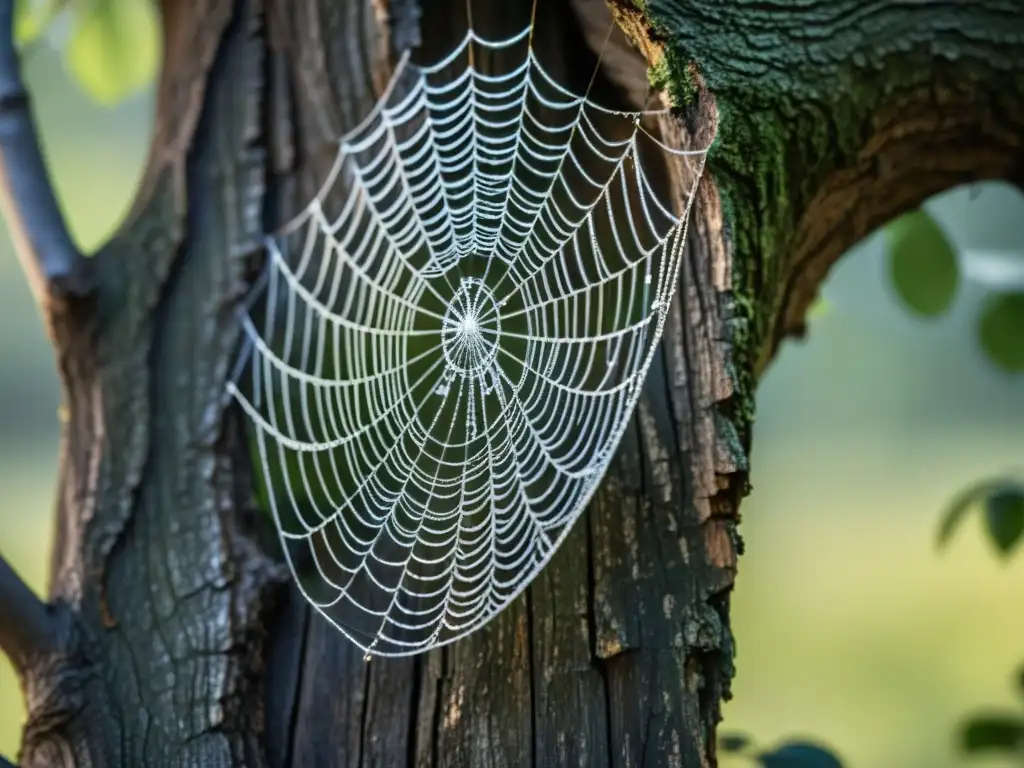 Una telaraña delicada entre ramas de árbol antiguo, con rocío en la luz matutina, muestra la influencia de los patrones naturales