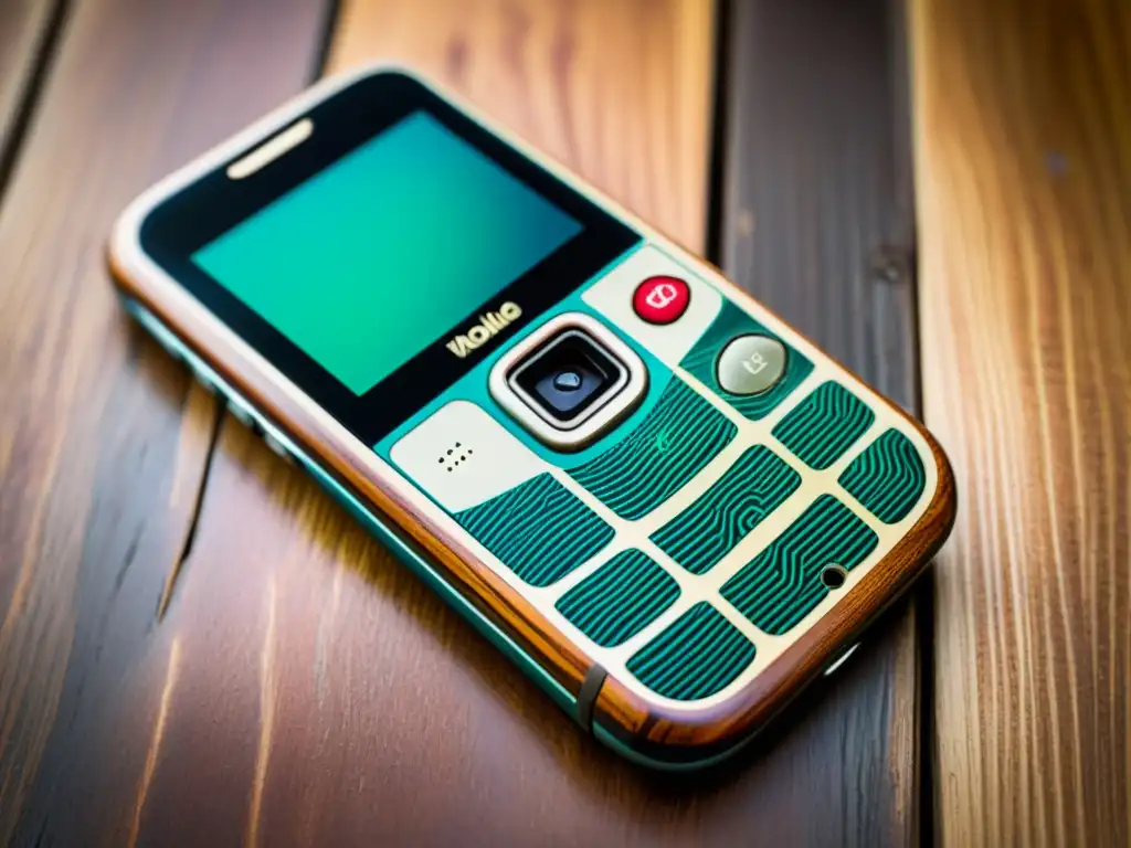 Arte digital en teléfono vintage: fusión creativa Un teléfono móvil vintage reposa sobre una superficie de madera desgastada, exhibiendo una obra de arte digital