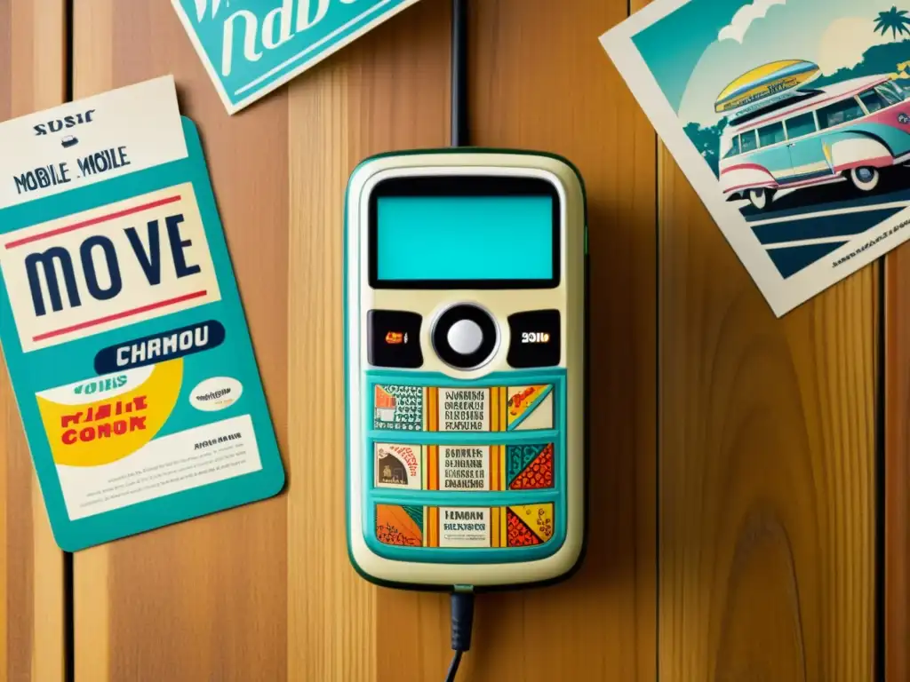 Mobile Advertising: Conexión entre el pasado y el presente Un teléfono móvil vintage con un estuche colorido y artístico descansa sobre una mesa de madera, rodeado de anuncios retro