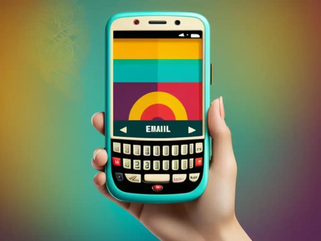 Un teléfono móvil vintage con patrones artísticos en el email marketing en la pantalla, sostenido en una mano con un fondo retro elegante