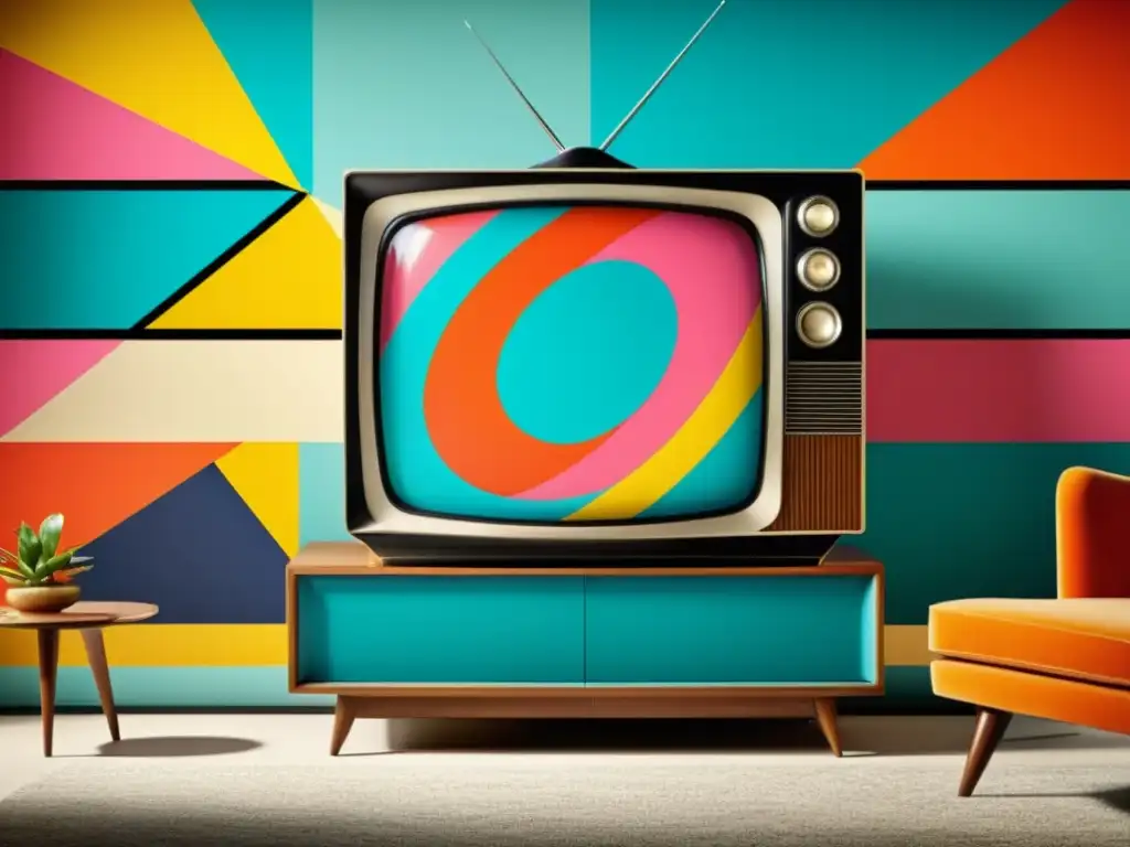 Televisor vintage con patrón impactante proyectado, evocando nostalgia y encanto clásico de la publicidad