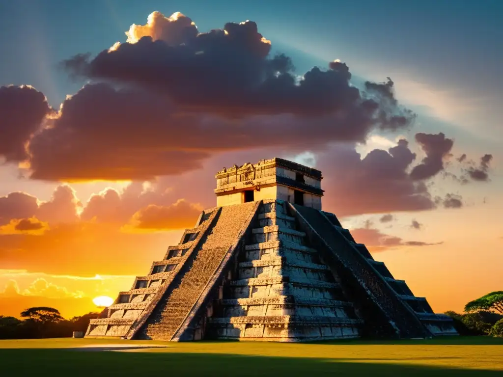 Templo maya antiguo con patrones astroarquitectónicos antiguas civilizaciones, iluminado por el cálido atardecer y rodeado de estrellas