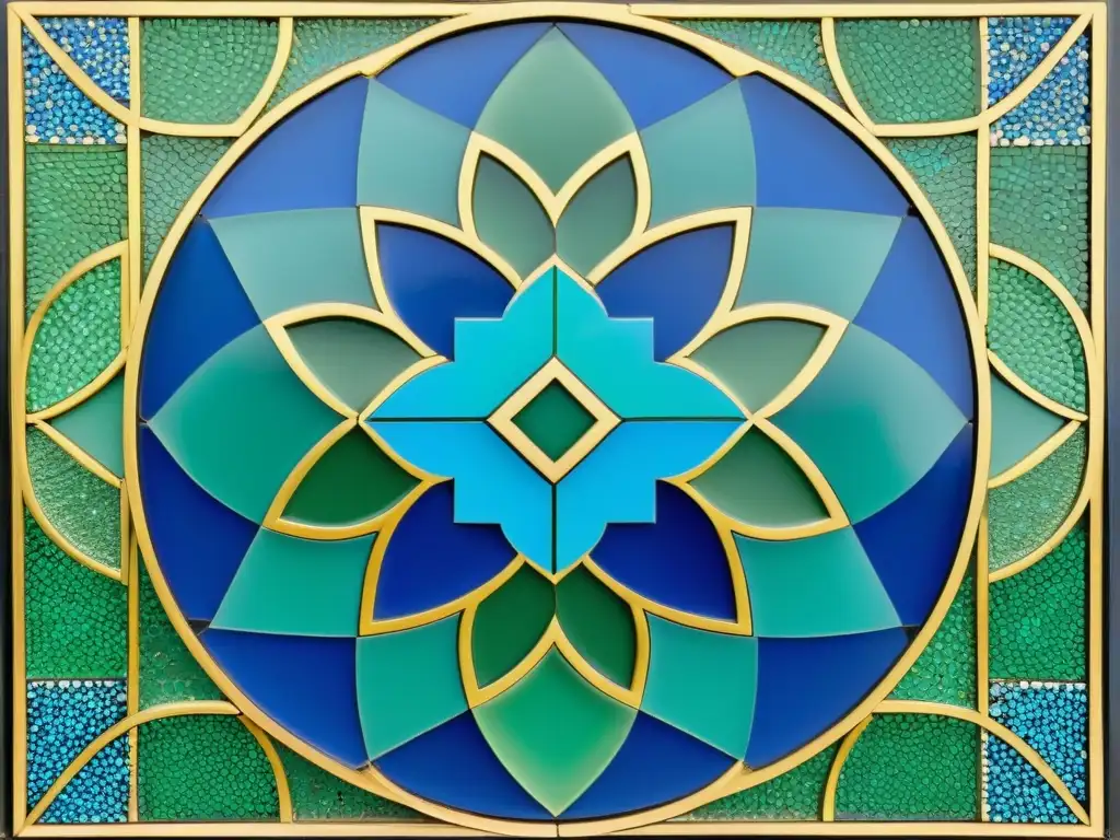 Terapia artística con mosaicos árabes: Intrincado diseño vintage de mosaico árabe en azul, verde y dorado, evocando tranquilidad y belleza