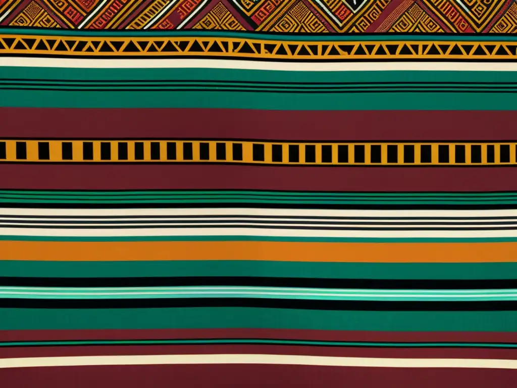 Textil africano con patrones vibrantes y simbólicos, ricos en tonos terrosos y textura palpable