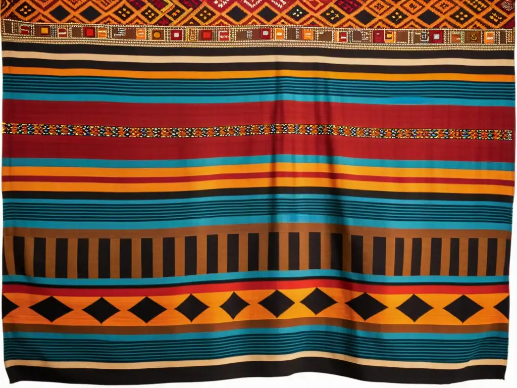 Textil africano tejido a mano en telar peine fijo, con motivos culturales y tonos tierra, iluminado por el cálido sol poniente