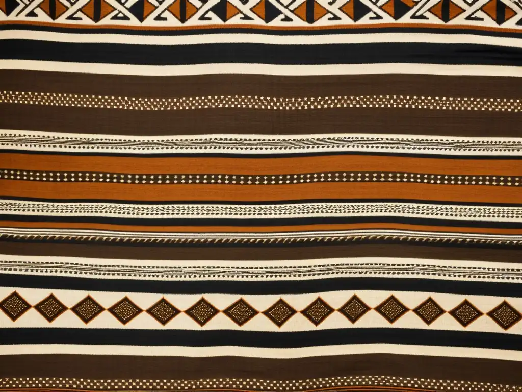 Textil africano vintage con patrones artísticos en tonos terrosos, evocando riqueza cultural y elegancia atemporal