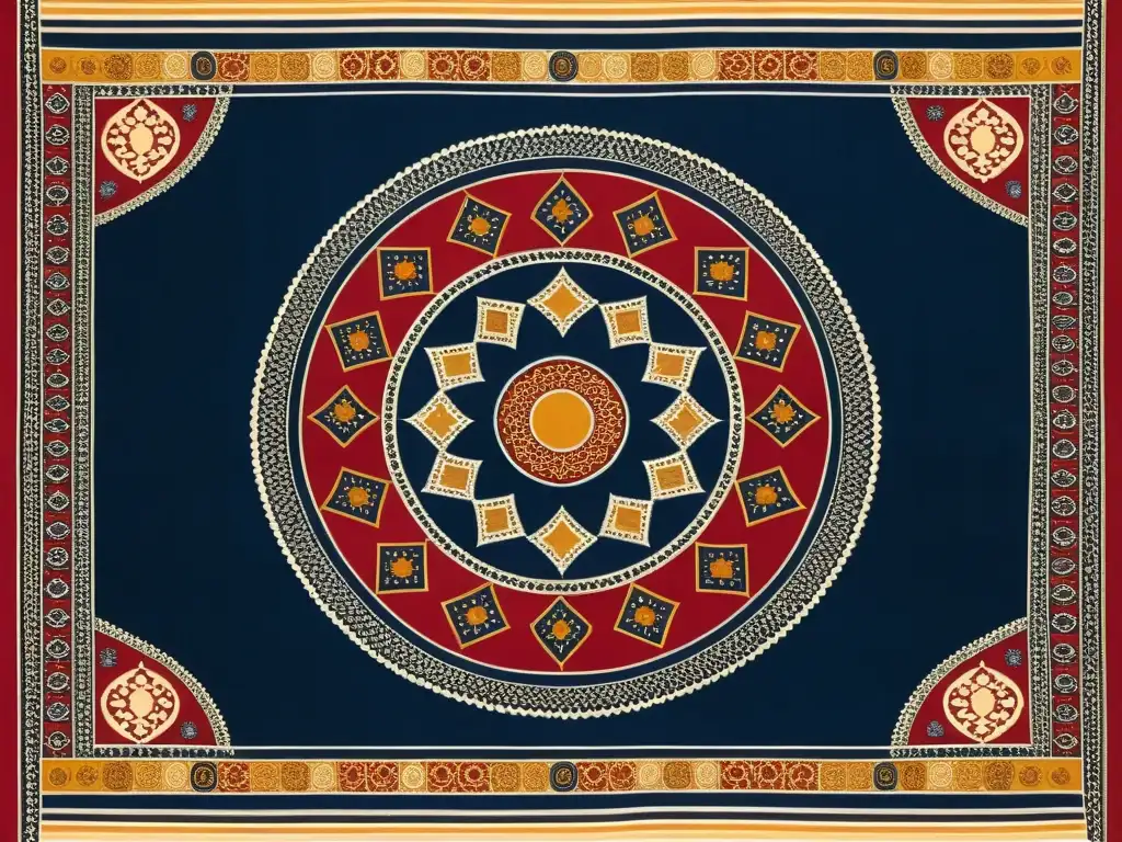 Ajrakh: Arte Textil de Sindh y Kutch Textil Ajrakh con estampados simétricos espirituales en índigo, rojo y mostaza, muestra la artesanía de Sindh y Kutch