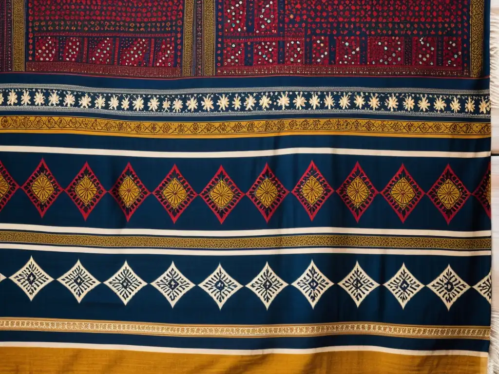 Textil Ajrakh: Arte en Indigo, Crimson y Mostaza Textil Ajrakh con estampados simétricos en índigo, rojo y mostaza, tejido a mano en telar de madera rústico