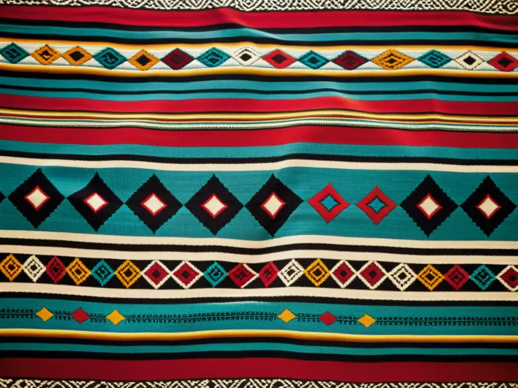 Textil andino con diseños indígenas en patrones artísticos, destacando la rica artesanía en una fotografía vintage de alta calidad