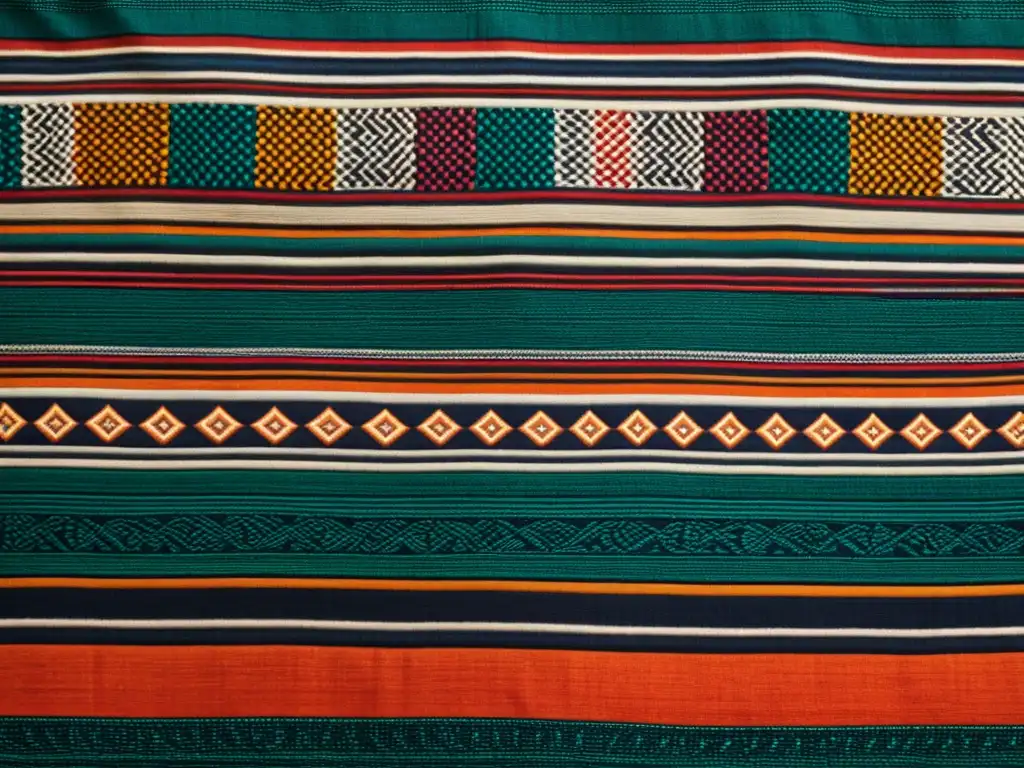 Textil artesanal con patrones geométricos de significado cultural en tonos vibrantes y tierra, reflejando tradición y diseño artístico contemporáneo