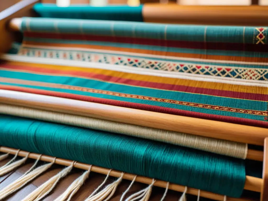 Textil artesanal en tonos tierra con patrones tradicionales, exhibiendo maestría y herencia cultural