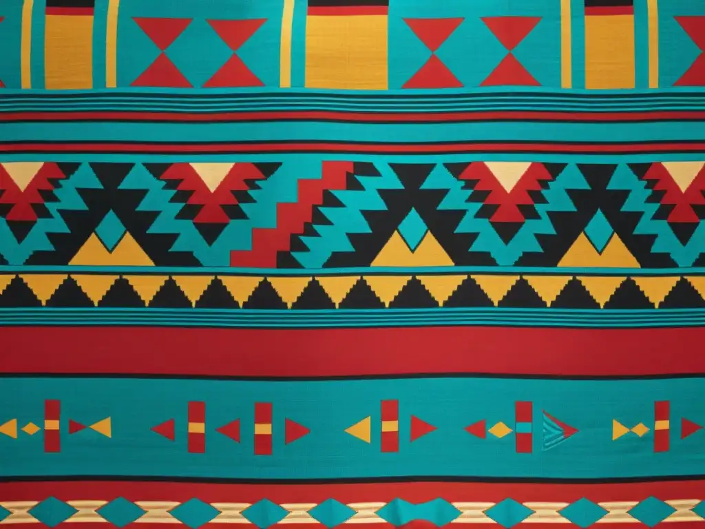 Textil azteca con patrones geométricos en rojo, dorado y turquesa