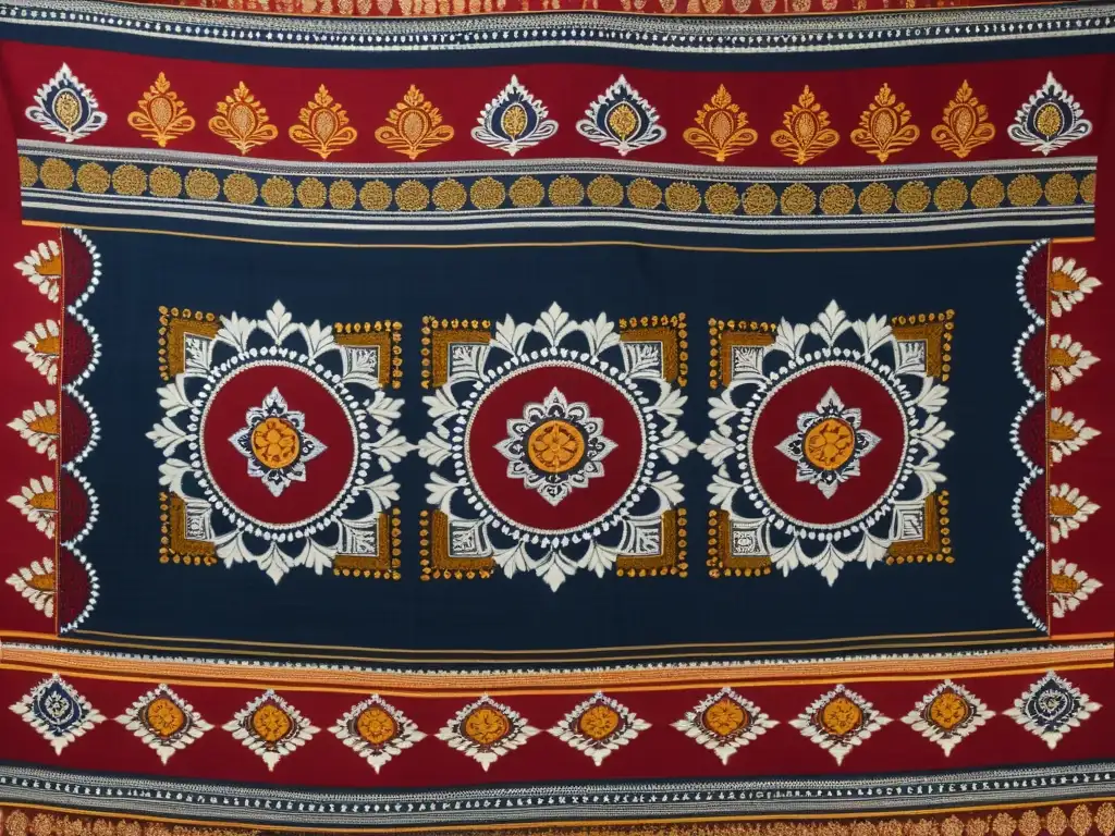 Textil balinés tejido a mano con influencia india, patrones tradicionales y colores terrosos, una fusión cultural