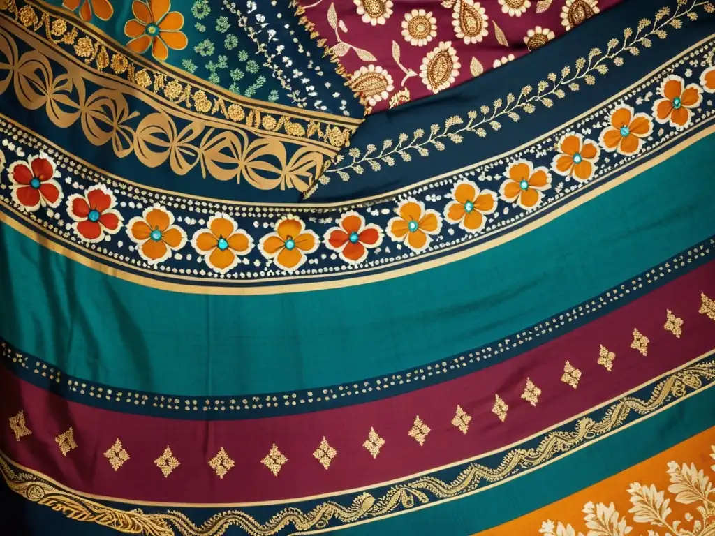 Textil Batik India con ricos colores y diseños tradicionales como flores y paisleys, evocando un legado cultural atemporal