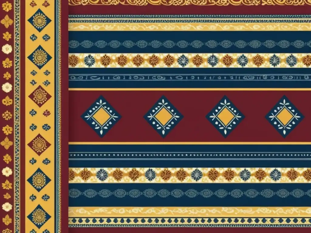 Un textil batik con patrones artísticos tradicionales de Indonesia en rojos, azules y amarillos, con motivos florales y diseños geométricos detallados