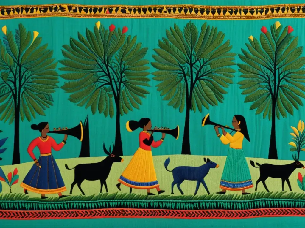 Tradición textil Gonds India central: Detalle bordado de escenas cotidianas con mujeres trabajando en los campos, hombres tocando instrumentos y animales pastando en paisajes exuberantes y coloridos