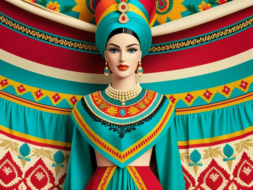 Una ilustración vintage muestra un textil colorido y detallado con patrones icónicos de celebraciones nacionales