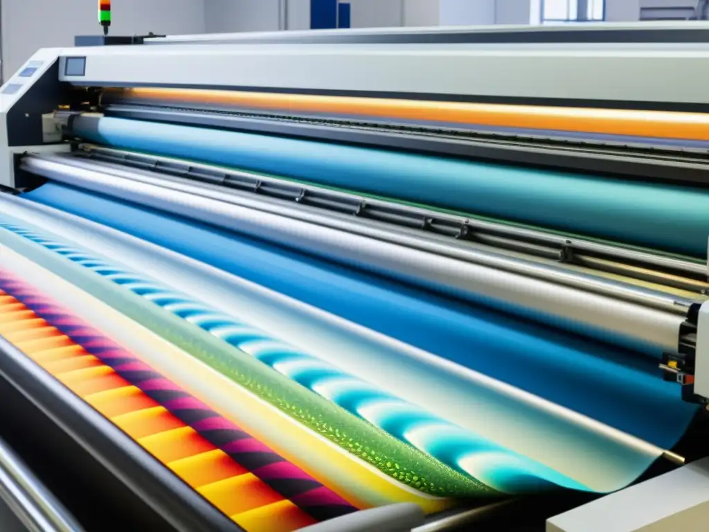 Transformación diseño textil impresión digital: Máquina de impresión digital de alta tecnología en un estudio de diseño europeo, creando patrones vibrantes en lujosas telas