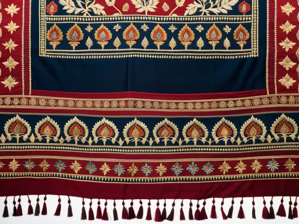 Textil funerario de la India con bordados vibrantes en rojo, dorado y añil, lleno de significados culturales y tradición artesanal