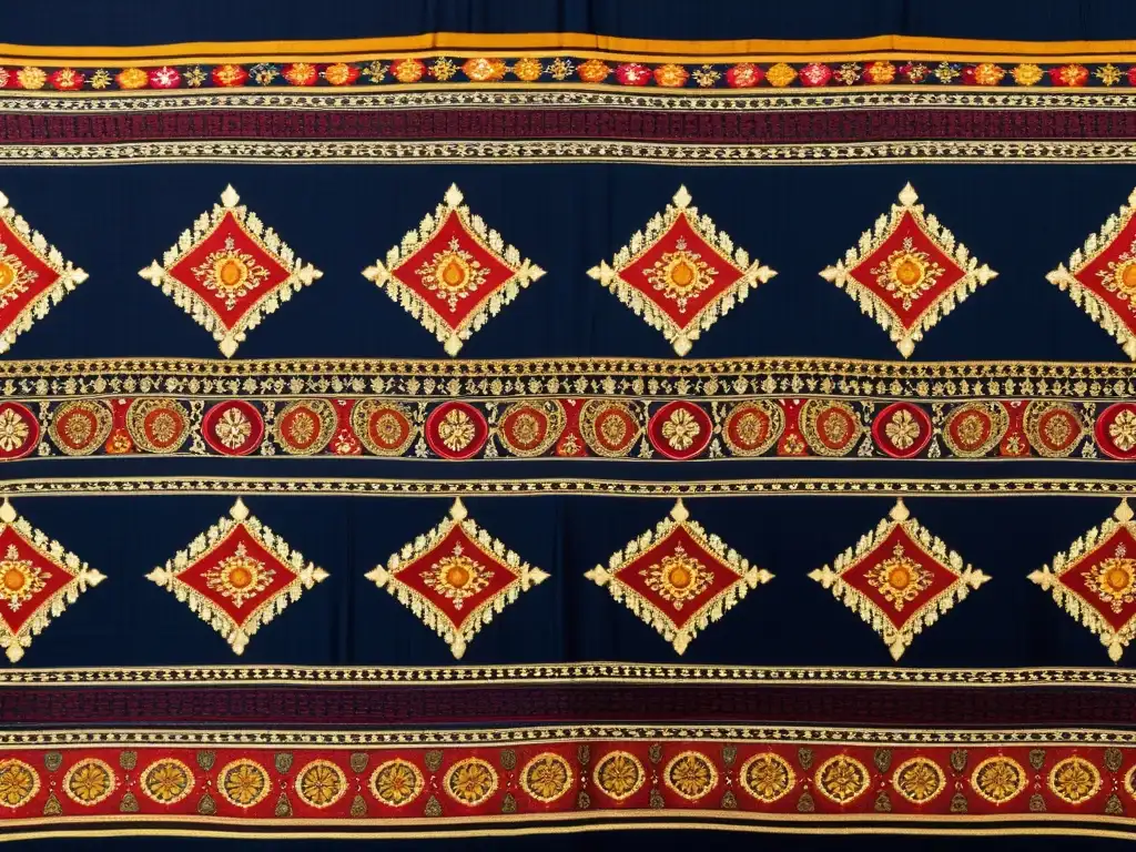 Textil Himroo Deccan con patrones vibrantes y bordados de oro, reflejo de la artesanía tradicional y la opulencia de las culturas locales