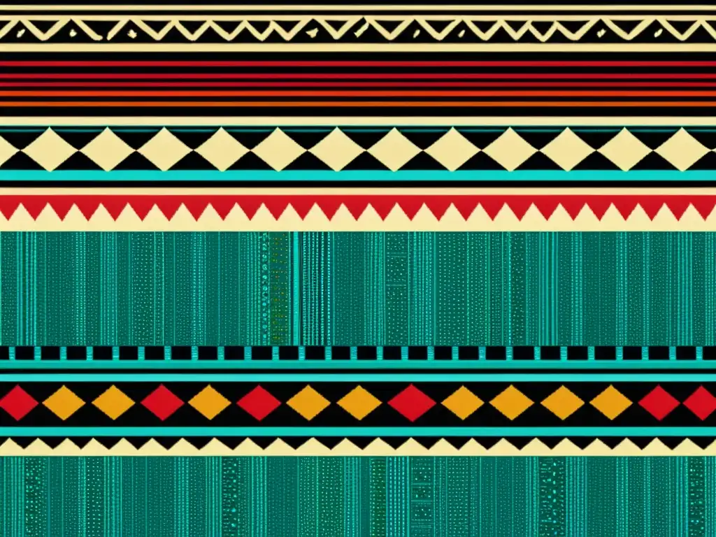 Textil indígena con patrones geométricos en colores vibrantes contrastados con gráficos digitales, fusionando tradición y modernidad