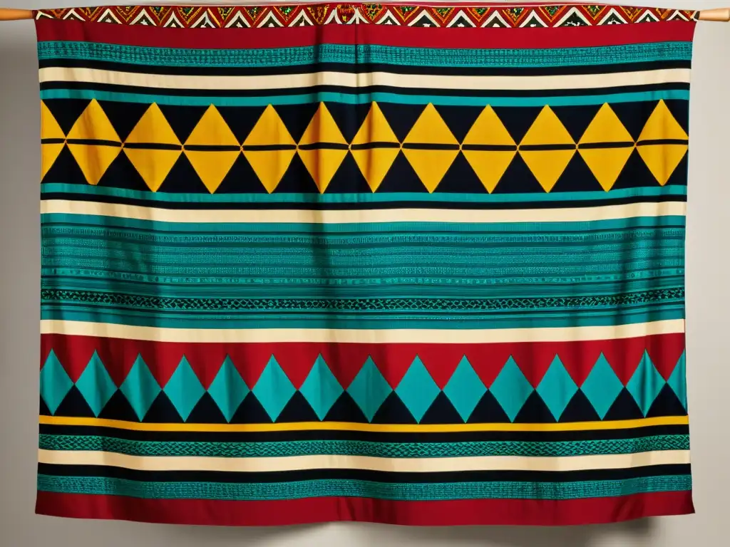 Textil indígena con patrones tridimensionales, reflejo del arte cultural y tradiciones, en vibrantes colores y detalladas texturas