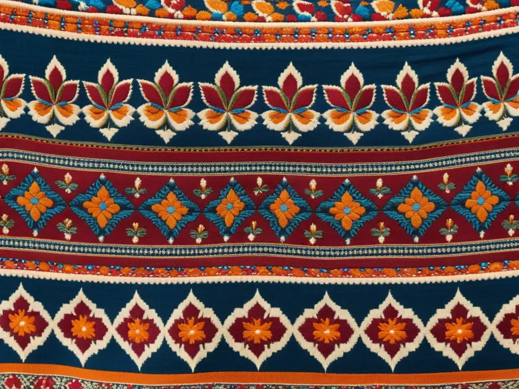 Textil indio vintage con colores vibrantes y patrones florales y paisley, sobre un telar de madera rústica