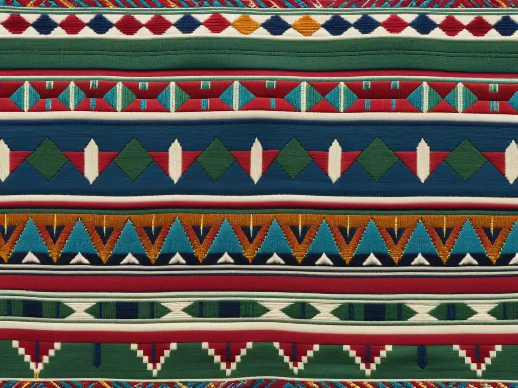 Textil intricado con patrones indígenas en colores vibrantes y bordados representando la cultura ancestral