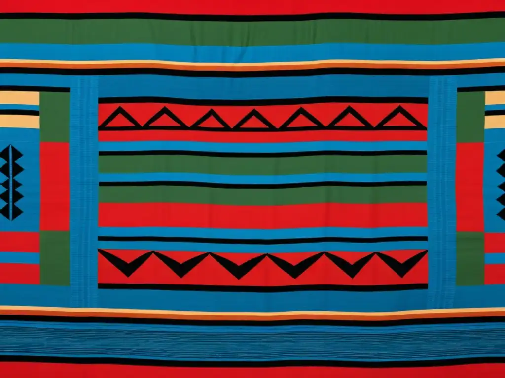 Textil Mapuche con patrones geométricos en rojo, azul y verde, evocando significado espiritual y cultura ancestral