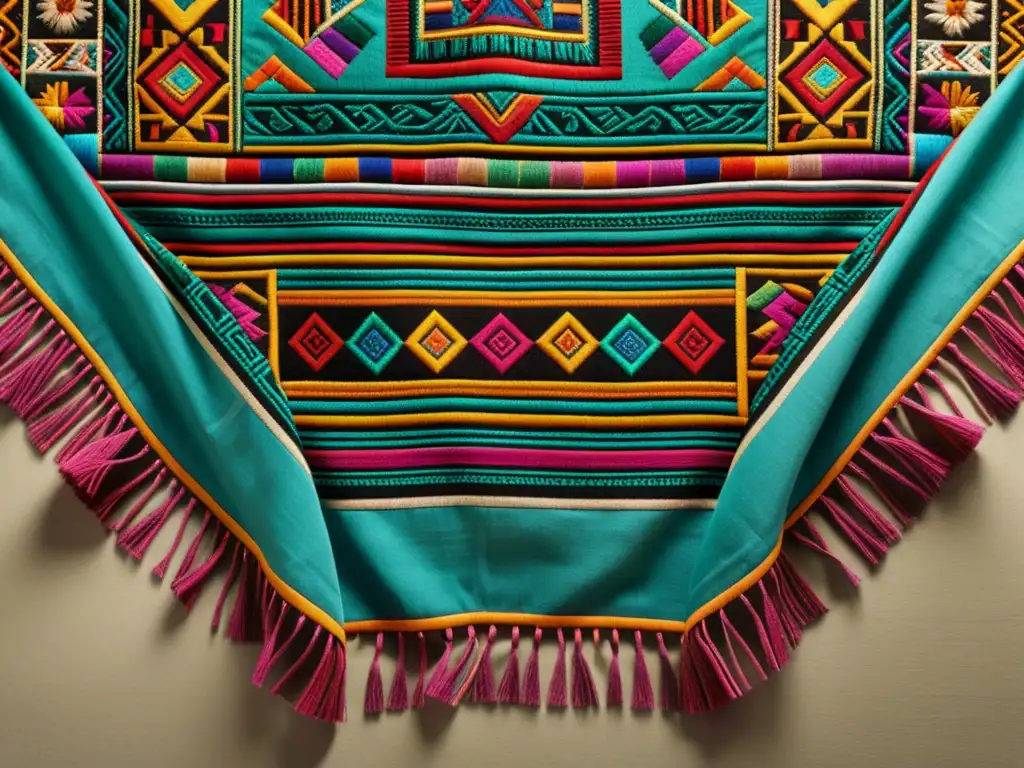 Textil maya detalladamente bordado con colores vibrantes y patrones geométricos tradicionales, resaltado por una iluminación suave