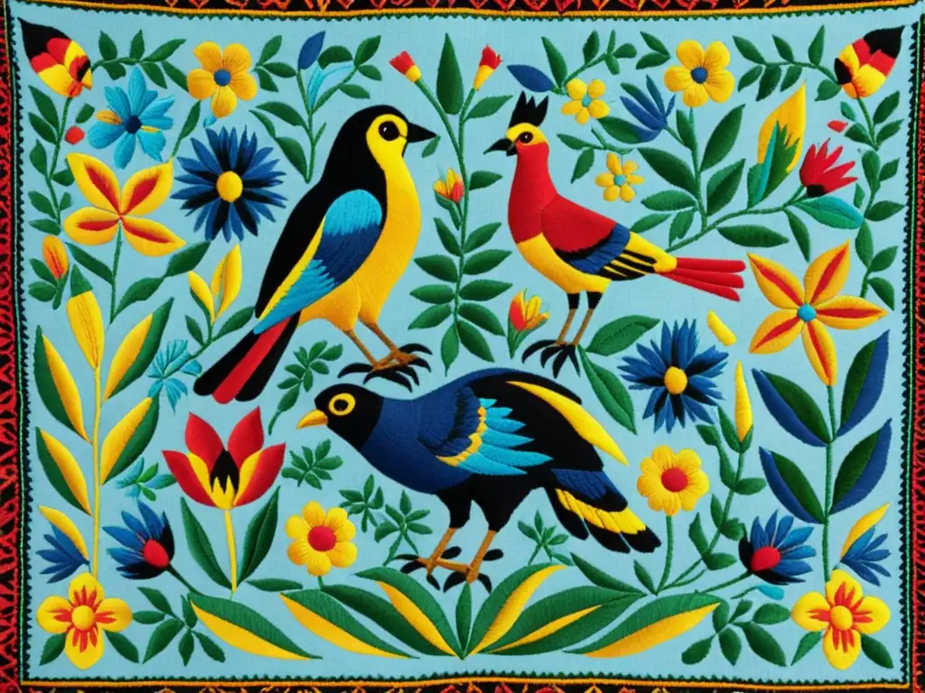 Textil mexicano Otomi bordado a mano, con patrones de flora y fauna en rojo, azul, verde y amarillo