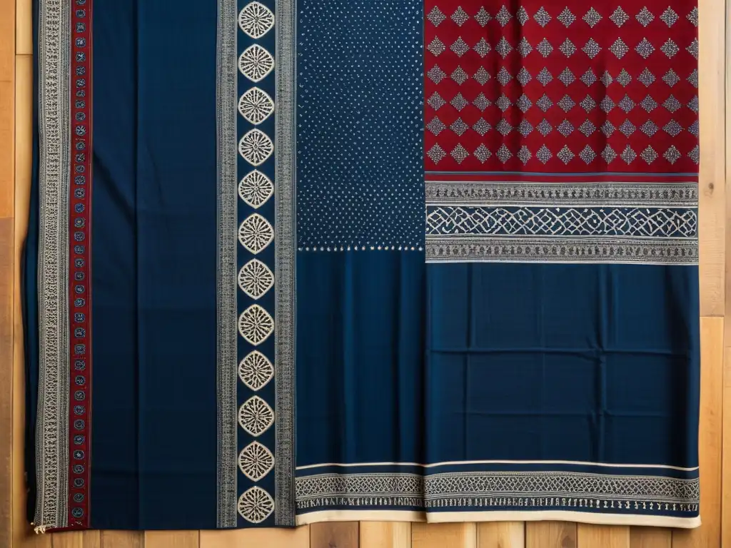 Textil Ajrakh de Kutch con patrones artísticos en índigo, carmesí y marfil, reflejando la rica herencia cultural y artística