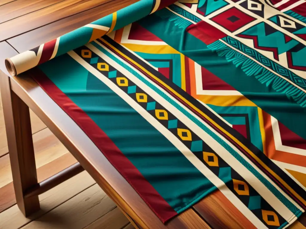 Textil con patrones indígenas en publicidad global: diseño vintage colorido y detallado sobre mesa rústica, ambiente cálido y acogedor