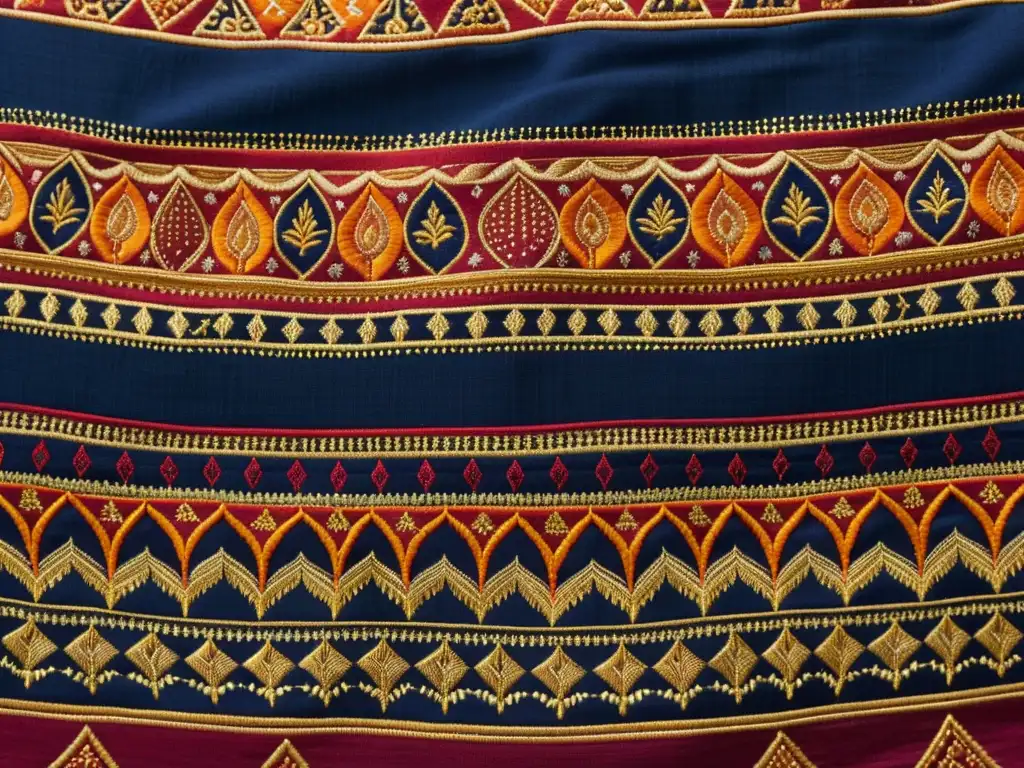 Textil sagrado de la India: bordados vibrantes en tonos saffron, carmesí e índigo, con hilos dorados, evocando tradiciones ancestrales